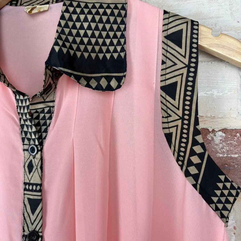 Vintage Four Seasons Geometric Trim Sheer Blouse Pink Black Art‎ Deco Small - Picture 6 of 8
